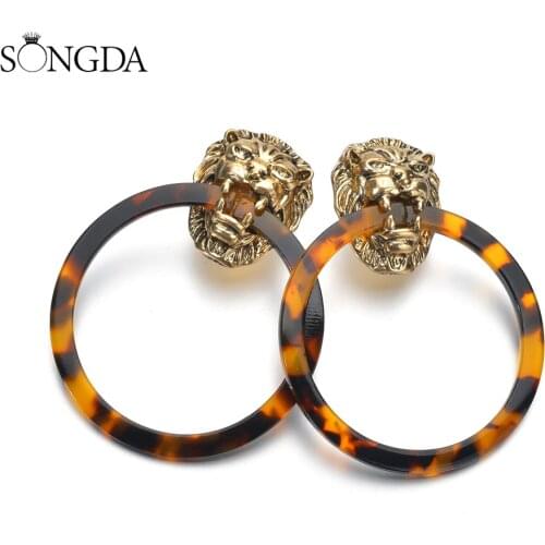 Vintage Punk Lion Head Statement Earrings for Women Leopard Acrylic Resin Circle Dangle Earrings Cool Party Accessories