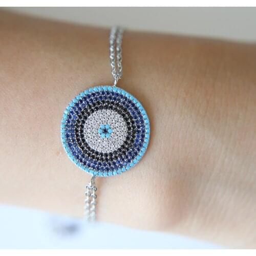 Fashion gold colors women blue stones bracelet slider ladies big round charm cubic zirconia bracelets adjustable size