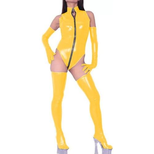 Plus Size Latex Catsuit Lady Sleeveless Zipper Open Crotch Bodysuit Shiny PVC Long Gloves Thigh High Stockings 3 Pieces Set