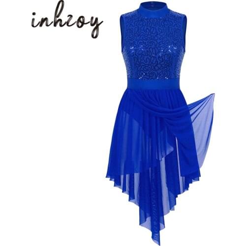 Women Dancewear Halter Sleeveless Shiny Sequins Gymnastics Leotard Ballet Figure Skating Dress Stage Performance Dance Costume