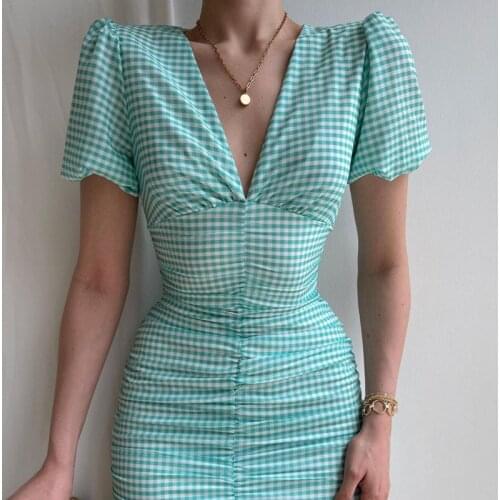 Women Fashion Short Puff Sleeve Bodycon Mini Ruffle Dress Summer Sexy V-neck Shirring Dress Elegant Green Plaid Print Vestidos