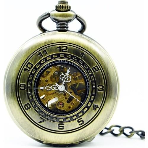 5pcs/lot Unique Style Bronze Skeleton Steampunk Nice Mechanical Mens Pocket Watch Chain Roman Number PJX1245