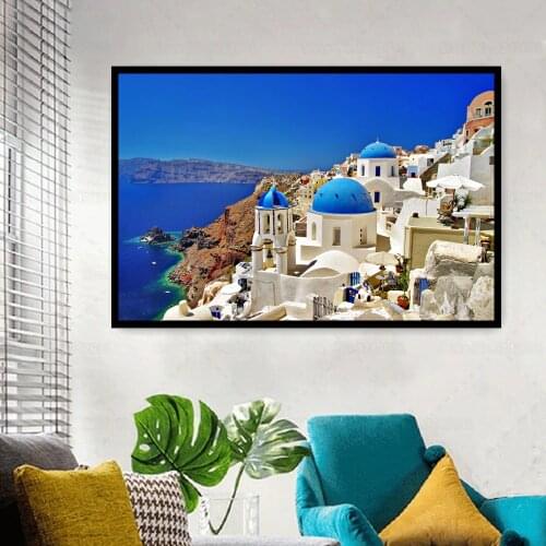 Aegean Sea Poster Dreamy Greece Santorini Landscape Canvas Painting Wall Art Decoration for Living Room