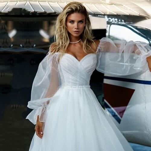 Bohemian Wedding Dresses Boho Sweetheart Pleats A-Line Tulle Puff Sleeves Wedding Gown Princess Bride vestido de noiva