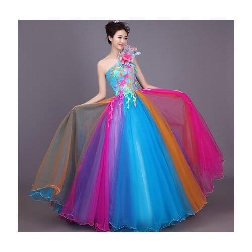 Elegant long chinese folk costume DJ Show festival One-shouldered sexy colourful gost wedding dance party evening dress