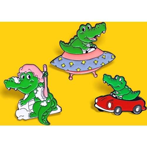 Crocodile Driver Enamel Pin Crocodile alien UFO Small Red Car take a shower Brooch Backpack Funny Animal Jewelry Gift Wholesale
