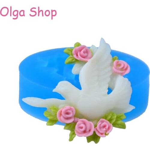 DYL004 34.8mm Peace Dove with Flower Silicone Mold - Bird Mold Fondant, Cake Topper, Chocolate, Resin Polymer Clay, Oven Safe
