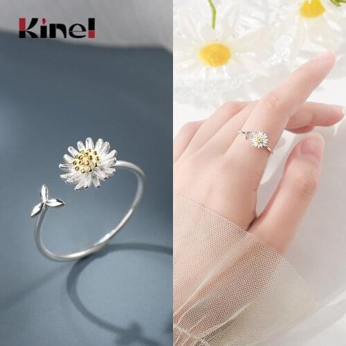 Kinel New Real 100% 925 Sterling Silver Daisy Flower Rings for Women Adjustable Size Rings Fashion Wedding Jewelry Anillos Mujer