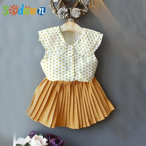 Sodawn Summer Girls Clothes Set New Lapel Sleeveless Heart Printed T-shirt+ Skirt 2PCS Toddler Clothes