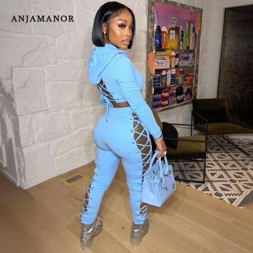ANJAMANOR Two Piece Set Tracksuit Sexy Hollow Out Bandage Sweatpants Crop Hoodie Jogging Suit Wholesale Clothes Women D22-EH58