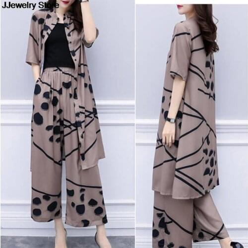 Fashion Elegant 2 Piece Set Women Spring Summer Long Cardigan Blouse And Wide Leg Pant Sets Chiffon Pants Suits