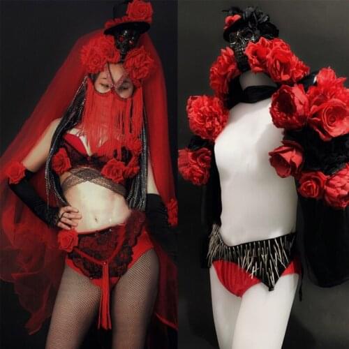Halloween Costumes For Women Nightclub Men Women Dance Team Rave Clothes Ds Gogo Costume Red Tassel Headgear Pole Wear XS2594