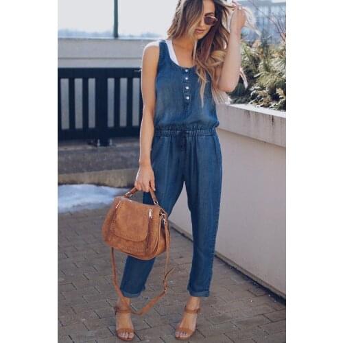 Summer 2018 European and American womens wear jeans sleeveless linked body trousers style waist leisure linked body pants 7008