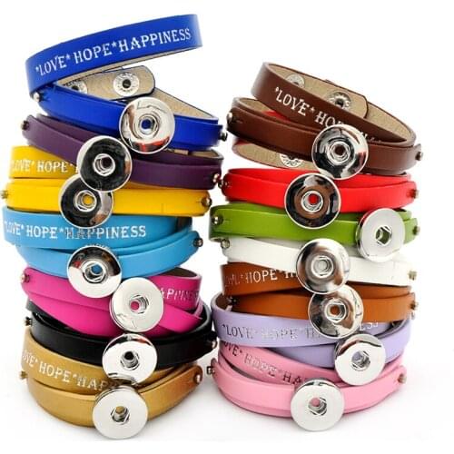 Fashion Colorful multi-layers PU Leather "LOVE HOPE HAPPINESS" snap bracelets 19cm fit 18mm snap buttons wholesale SE0052