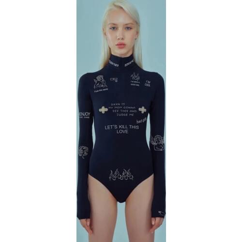 Fashion print letter skinny casual turtleneck long sleeve autumn bodysuit women simple basic wild female bodysuit