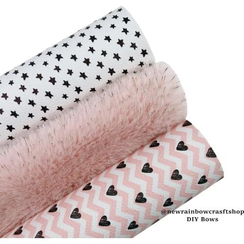 New Rainbow 30x22cm/A4 Sheets Sugar Pink Fake Fur & Black Stars & Pink Hearts Leatherette for Bows, Accessories, DIY Crafts