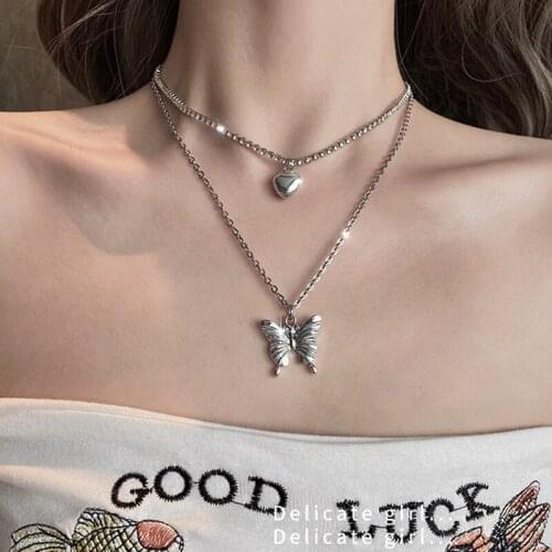 New Fashion Gothic Pearl Butterfly Titanium Steel Pendant Necklace For Women Shining Multilayer Choker Necklace Jewelry Gift