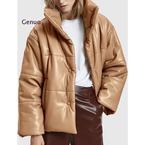 High Imitation Leather Parkas Women Fashion Pu Leather Coats Women Elegant Solid Cotton Jackets Female Ladies