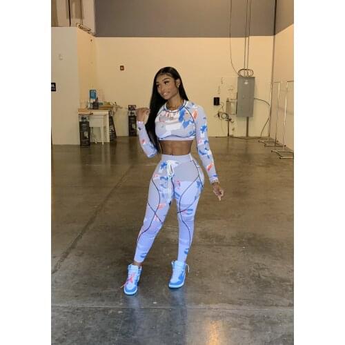 RMSFE 2021 Women Long Sleeve Round Neck Fashion Sports Casual Pants Printed Two-Piece Set