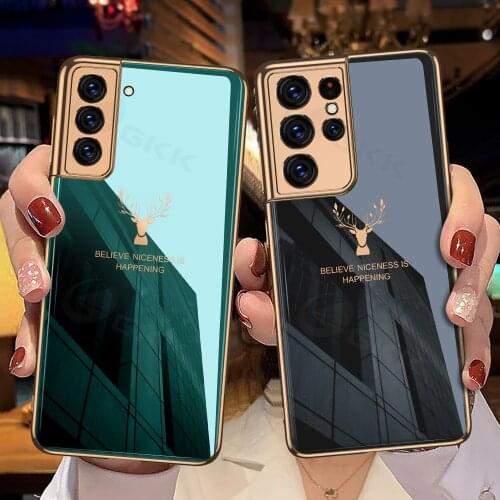 Luxury Plated Painted Cartoon Deer TPU Tempered Glass Phone Case for Samsung S21 Ultra S21 Plus Full Protect Camera Lens Cover