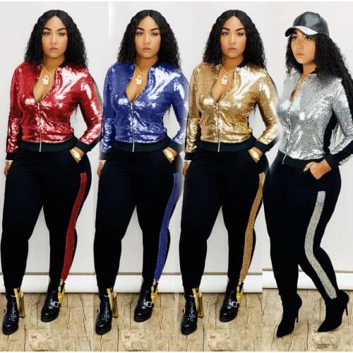 S-3XL Winter Women Set Full Sleeve Tracksuit Sequined Jackets Tops Pants Suit Two Piece Set Night Club Party Fall Outfit G5148