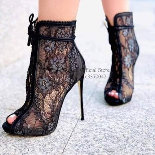 Sexy Black Lace Ankle Boots Floral Mesh Lace-up Peep Toe High Heel Dress Shoes Cut-out Stiletto Heels Wedding Party Shoes