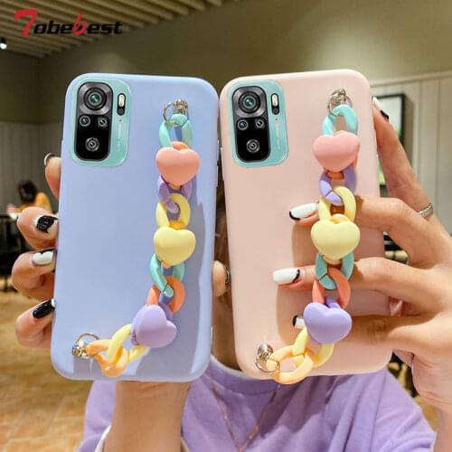 Macaron Lovely Bracelet Chain Phone Case For Xiaomi Redmi Note 10 10S Pro Max 4G 5G Silicone Wrist Strap Cover