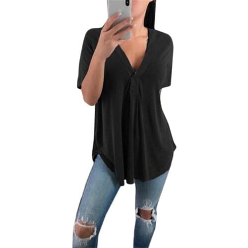Women Summer V Neck Short Sleeve Shirt Loose Sexy Camiseta Feminina Shirts Female Irregular Pleated Style Tops New Casual Solid