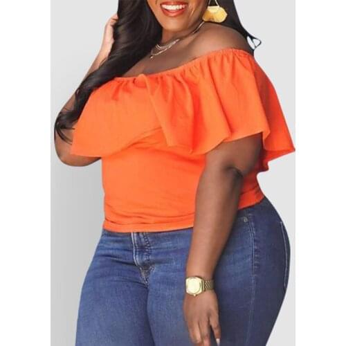 Plus Size Shirts For Women 4XL 5XL Large 2021 Summer Orange Slash Neck Fashion Ruffles Causal Blouse Tops Big Female New Arrival
