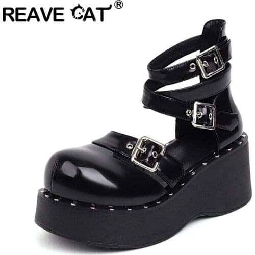 REAVE CAT Cute Gothic Style Lolita Punk Cosplay Black Comfy Walking Chunky Heels Buckle Platform Shoes Women Footwear