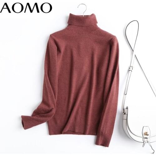 AOMO Chic Women 100% Wool Turtleneck Sweater Vintage Office Ladies Thin Knitted Jumper Tops 6D06A