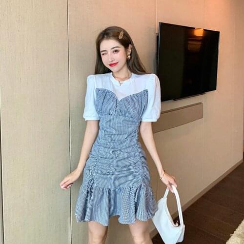 2021 Summer New Ruffles Korea Puff Sleeve Fake Two Piece Patchwork Plaid Wild Women Mermaid Draped Mini Dresses