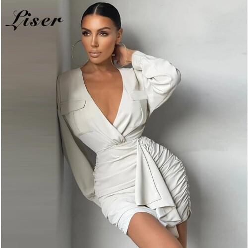 Liser 2021 New Summer Women Dress Long Sleeves V Neck Draped Dress Sexy Bodycon Elegant Club Celebrity Party Dresses Vestidos