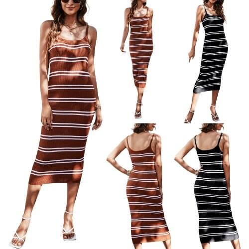 Women Low-cut Striped Midi Dress Sleeveless High Waist Knitted Dress for Summer