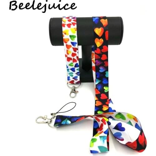1set Rainbow color heart love Wristlet Funny art Lanyard Neck Key Strap for Phone Keys ID Card Cartoon webbings ribbons