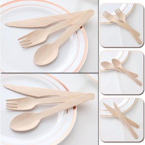 10pcs Wooden Knives Forks Spoons Cutlery Disposable Biodegradable Dinnerware Kitchen Dining Bar Bamboo Wood Tableware
