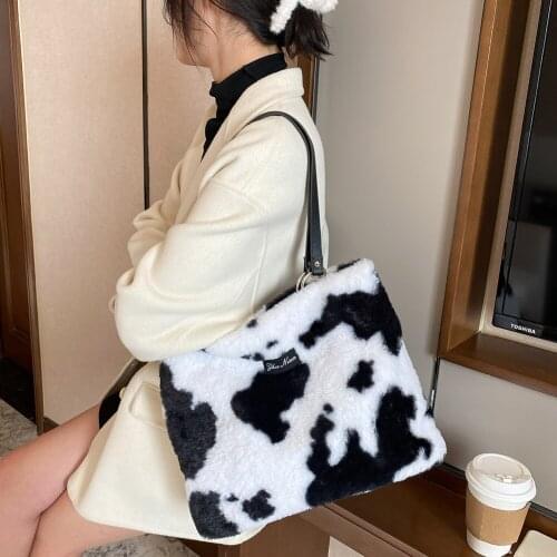 2021 Cow Print Shoulder Bags For Women Soft Plush Handbag Zebra Pattern Large Capacity Tote Bags Winter Warm Fur Fluffy Bag