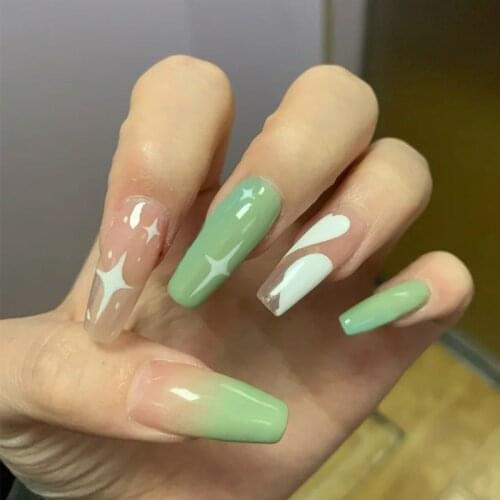 24pcs Nails Patch Glue Type Long Paragraph Green Gradient Color Fashion Manicure Patch False Nails Save Time Nail Patch -VL16