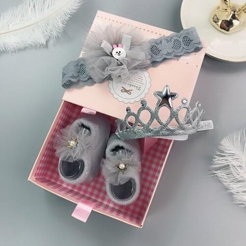 4PCS baby lace flower pure cotton socks elastic bow knot crown headband newborn headband socks set baby girl hair accessories
