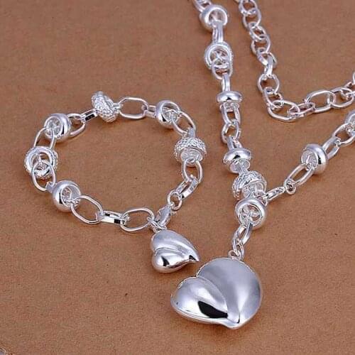 Free Shipping jewelry silver plated Jewelry Set Fashion Peach Heart Pendant Two-Piece Set Silver Necklace Bracelet SMTS014