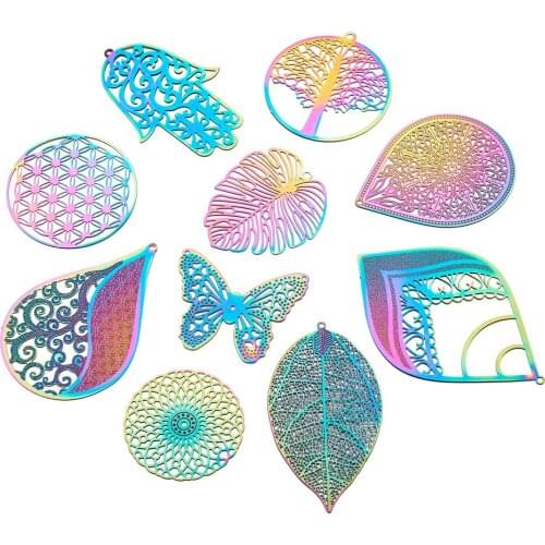 5Pcs Stainless Steel Filigree Big Pendants Hollow Leaf Charms Etched Metal Embellishments For Jewelry Earring DIY Accessories