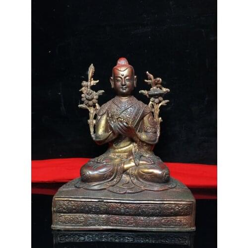 Home Decor 8" Tibet Buddhism Old Bronze Cinnabar Lacquer Tsongkhapa Statue Tibetan Buddha Sitting Buddha Enshrine the Buddha