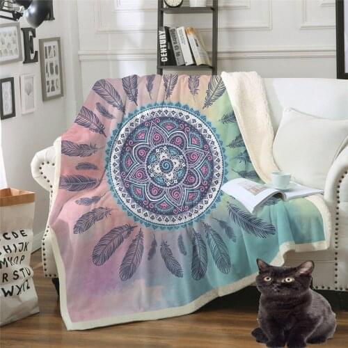 BlessLiving Watercolor Mandala Blanket Hippie Feathers Sherpa Flannel Fleece Reversible Blankets Bed Couch Fluffy Bedding