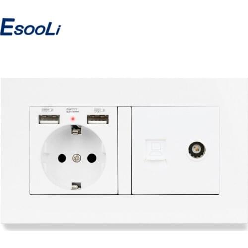 ESOOLI PC Plastic EU Standard Electric Socket with 2 USB + RJ45 Internet Jack and Television Port Power Outlet