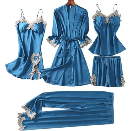 5PCS Robe Set Women Sexy Kimono Bathrobe Gown Satin Sleepwear Silky Intimate Lingerie Lounge Wear Casual Nightwear Home Clothes