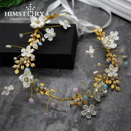 HIMSTORY Handmade Pearl Bridal Gold Wedding Headband Tiaras Shell Flower Lace Hair Accessoy Elegant Headpiece Hairwear