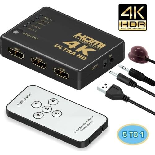 4K HDMI Switch Splitter 5 Port Selector Switcher Hub IR Remote HDTV 5 In 1 Out
