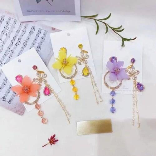 Korean Luxury Asymmetric Flower Crystal Drop Earrings For Women Girls Elegant Pearl Tassel Oorbellen Party Jewelry