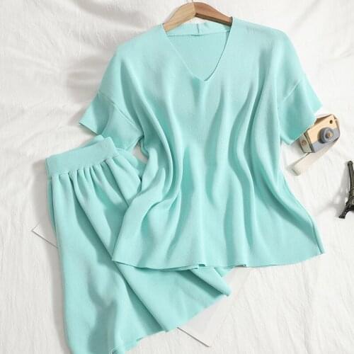 Fashion Temperament Women Clothing Knitwear Casual Short sleeve Joker Pullover Tops+Loose Wide-leg Pants 2 Piece Set Female