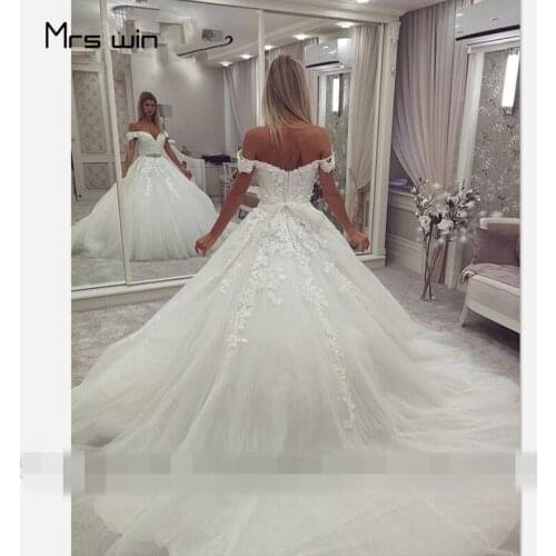 Mrs win Wedding Dress Boat Neck Train Wedding Dresses Off Shoulder Vestido De Noiva Lace Plus Size Bridal Ball Gowns HR018